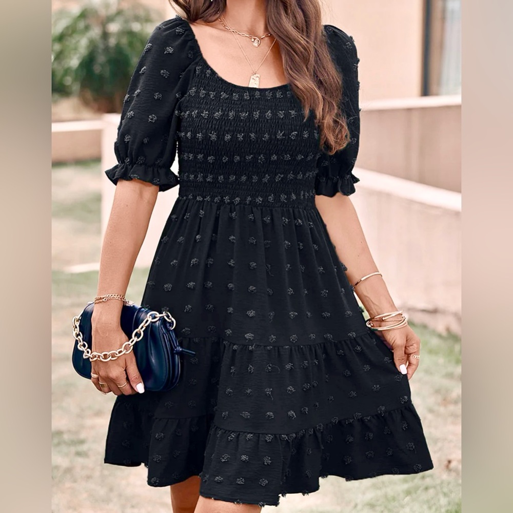 Pretty Garden Women’s Black Summer Scoop Neck Swiss Dot Flowy Swing Dress Sz M
